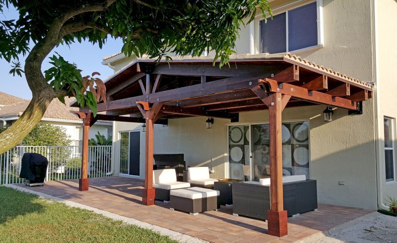 Forever Porch Pavilion (Options: 12' L x 25' W, California Redwood, 3-post Kit Gale-Wind, No Electrical Wiring Trim, 9ft Posts Height, No Ceiling Fan Base, No Curtain Rods, No Privacy Panels, Transparent Premium Sealant). Photo Courtesy of Carol Varela of Florida. Forever Porch Pavilion (Options: 12' L x 25' W, California Redwood, 3-post Kit Gale-Wind, No Electrical Wiring Trim, 9ft Posts Height, No Ceiling Fan Base, No Curtain Rods, No Privacy Panels, Transparent Premium Sealant). Photo Courtesy of Carol Varela of Florida.