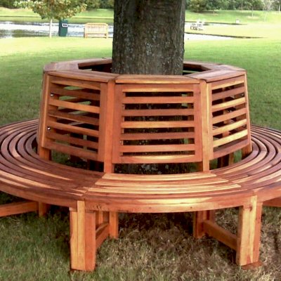 Forever Wood Tree Bench (Options: 8 1/2 ft, California Redwood, Beverage Ledge, No Cushion, No Engraving, Transparent Premium Sealant).