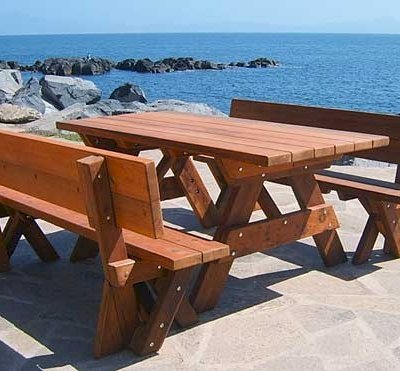 Fullback Wood Picnic Bench (Options: 6 ft, Old-Growth Redwood, No Cushion, No Engraving, Transparent Premium Sealant) with a Rectangular Picnic Table.