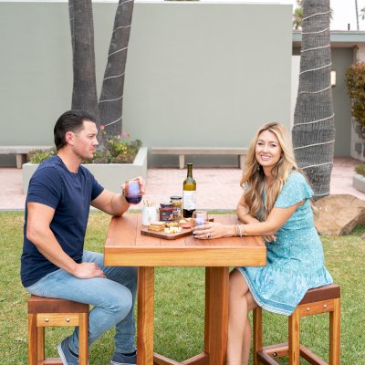 Gladys's Balcony Table Set (Options: 30" x 30", 2 Side Benches, California Redwood, Transparent Premium Sealant).