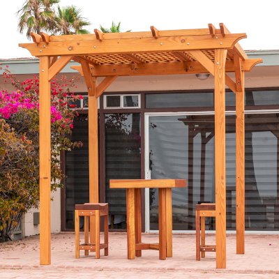 Gladys's Balcony Table Set Under a Small Lattice Pergola (Options: 30" x 30", 2 Side Benches, California Redwood, Transparent Premium Sealant).