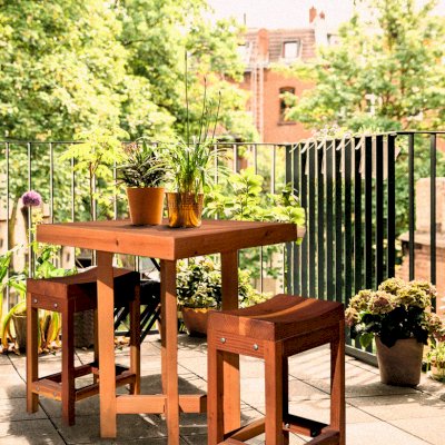 Gladys's Balcony Table Set (Options: 30" x 30", 2 Side Benches, Douglas-fir, Transparent Premium Sealant).