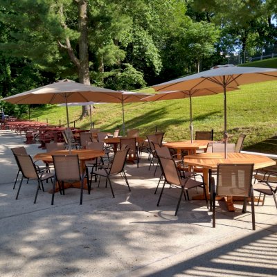 Helen's Octagonal Terrace Tables (Options: 5 ft, No Seating, California Redwood, Standard Tabletop, Rounded Corners, Umbrella Hole, Transparent Premium Sealant). Photo Courtesy of D. Flanigan of Silver Spring, Maryland.