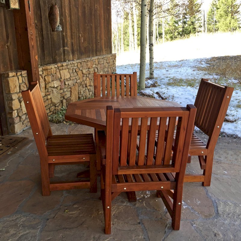 Helen's Octagonal Terrace Tables (Options: 4 ft, Massive Chairs, Old-Growth Redwood, Standard Tabletop, No Umbrella Hole, Transparent Premium Sealant). Photo Courtesy of P. Sigel of Telluride, Colorado. Helen's Octagonal Terrace Tables (Options: 4 ft, Massive Chairs, Old-Growth Redwood, Standard Tabletop, No Umbrella Hole, Transparent Premium Sealant). Photo Courtesy of P. Sigel of Telluride, Colorado.