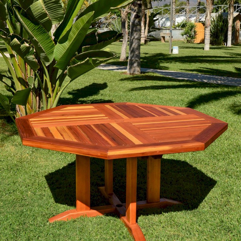 Helen's Octagonal Terrace Table (Options: 5 ft, No Seating, California Redwood, Standard Tabletop, Rounded Corners, 2" Umbrella Hole, Transparent Premium Sealant). Helen's Octagonal Terrace Table (Options: 5 ft, No Seating, California Redwood, Standard Tabletop, Rounded Corners, 2" Umbrella Hole, Transparent Premium Sealant).
