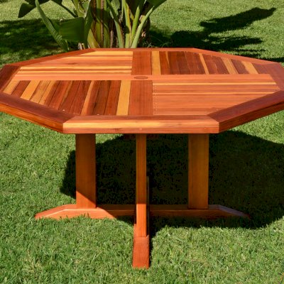 Helen's Octagonal Terrace Tables (Options: 5 ft, No Seating, California Redwood, Standard Tabletop, Rounded Corners, 2" Umbrella Hole, Transparent Premium Sealant). 
