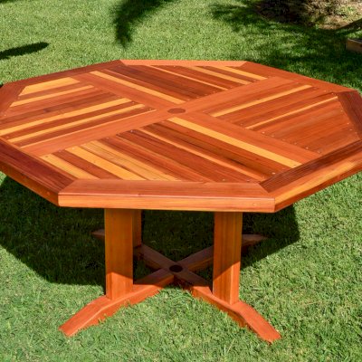 Helen's Octagonal Terrace Tables (Options: 5 ft, No Seating, California Redwood, Standard Tabletop, Rounded Corners, 2" Umbrella Hole, Transparent Premium Sealant). 