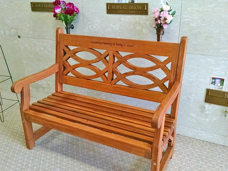 Hennell Wooden Garden Bench (Options: 4 ft, Old-Growth Redwood, No Cushion, Custom Engraving, Transparent Premium Sealant). Photo Courtesy of David Irion of Great Falls, MT. Hennell Wooden Garden Bench (Options: 4 ft, Old-Growth Redwood, No Cushion, Custom Engraving, Transparent Premium Sealant). Photo Courtesy of David Irion of Great Falls, MT.