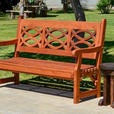 Hennell Wooden Garden Bench (Options: 5 ft, Old-Growth Redwood, No Cushion, No Engraving, Transparent Premium Sealant) and Mini Round Side Table. 