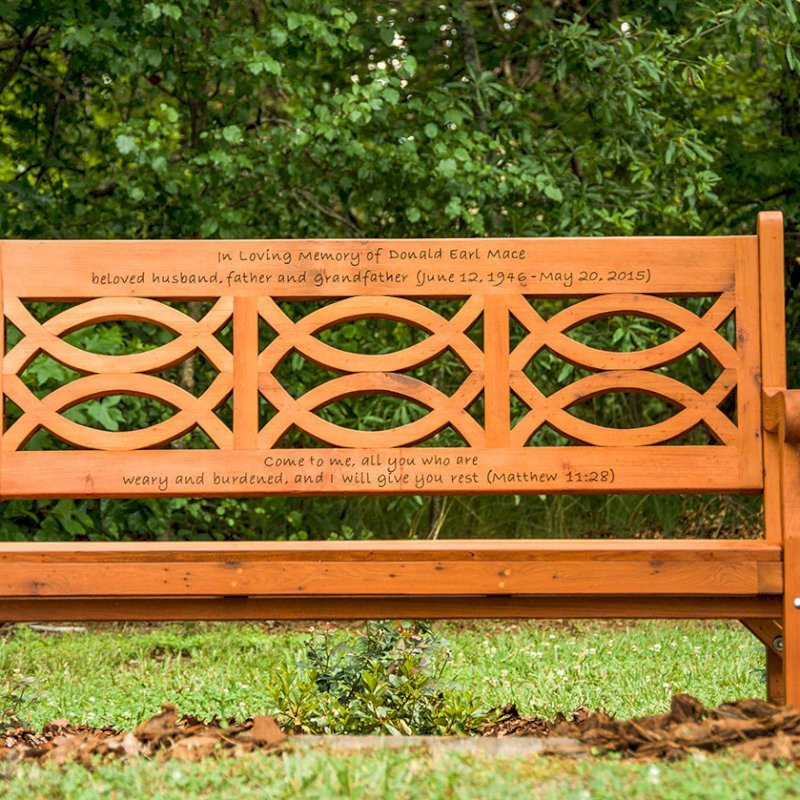 Hennell Wooden Garden Bench (Options: 5 ft, Old-Growth, No Cushion, Custom Engraving, Transparent Premium Sealant). Photo Courtesy of Charles Greene of Ellenboro, North Carolina. Hennell Wooden Garden Bench (Options: 5 ft, Old-Growth, No Cushion, Custom Engraving, Transparent Premium Sealant). Photo Courtesy of Charles Greene of Ellenboro, North Carolina.