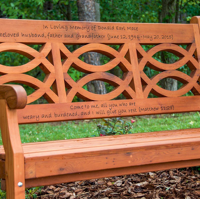 Hennell Wooden Garden Bench (Options: 5 ft, Old-Growth, No Cushion, Custom Engraving, Transparent Premium Sealant). Photo Courtesy of Charles Greene of Ellenboro, North Carolina. Hennell Wooden Garden Bench (Options: 5 ft, Old-Growth, No Cushion, Custom Engraving, Transparent Premium Sealant). Photo Courtesy of Charles Greene of Ellenboro, North Carolina.