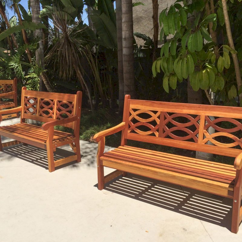 Hennell Wooden Garden Bench (Options: 5 ft, California Redwood, No Cushion, No Engraving, Transparent Premium Sealant). Photo Courtesy of Knott's Berry Farm in Buena Park, CA. You can see these benches in the courtyard of the Knott's hotel in Buena Park. Hennell Wooden Garden Bench (Options: 5 ft, California Redwood, No Cushion, No Engraving, Transparent Premium Sealant). Photo Courtesy of Knott's Berry Farm in Buena Park, CA. You can see these benches in the courtyard of the Knott's hotel in Buena Park.