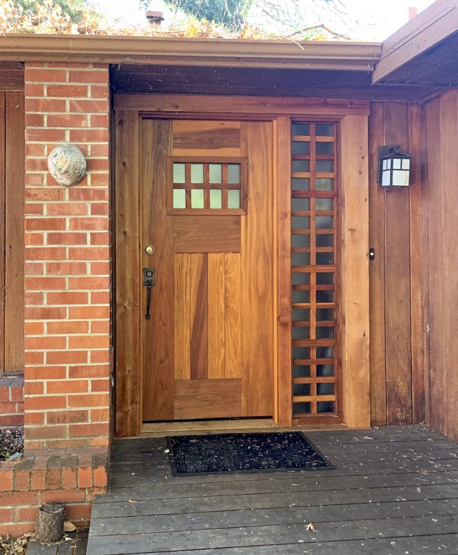 Heritage Door (Options: 6'-8" H, 36" W, Customer Added Glass Localy, Transparent Premium Sealant, with Sidelight by Custom Request). Photo Courtesy of S. Jacobszoon of Ukiah, California. Heritage Door (Options: 6'-8" H, 36" W, Customer Added Glass Localy, Transparent Premium Sealant, with Sidelight by Custom Request). Photo Courtesy of S. Jacobszoon of Ukiah, California.