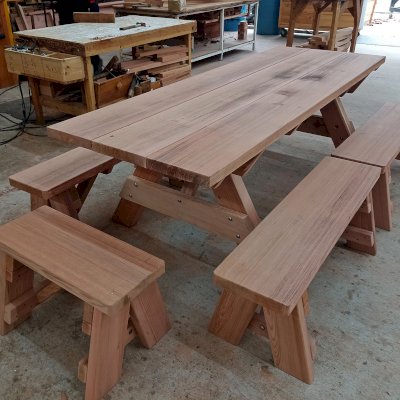 Heritage Large Wooden Picnic Table in Production (Options: 8' L, 34 1/2" W, Side and End Benches, 2 Half Length Benches Per Side).