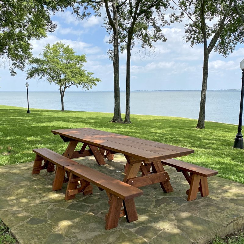 Heritage Large Wooden Picnic Table (Options: 10' L, 36" W, Side Benches, Unattached Benches, 2 Half Length Benches Per Side, Standard Tabletop, Slightly Rounded Corners, No Umbrella Hole, Transparent Premium Sealant). Photo Courtesy of J. Long of Carrollton, Texas. Heritage Large Wooden Picnic Table (Options: 10' L, 36" W, Side Benches, Unattached Benches, 2 Half Length Benches Per Side, Standard Tabletop, Slightly Rounded Corners, No Umbrella Hole, Transparent Premium Sealant). Photo Courtesy of J. Long of Carrollton, Texas.