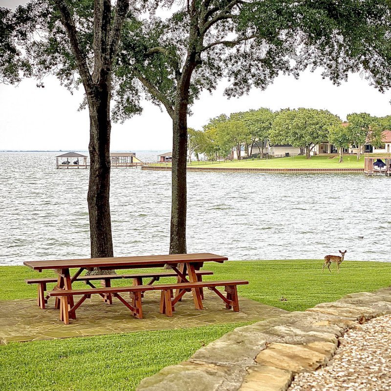 Heritage Large Wooden Picnic Table (Options: 10' L, 36" W, Side Benches, Unattached Benches, 2 Half Length Benches Per Side, Standard Tabletop, Slightly Rounded Corners, No Umbrella Hole, Transparent Premium Sealant). Photo Courtesy of J. Long of Carrollton, Texas. Heritage Large Wooden Picnic Table (Options: 10' L, 36" W, Side Benches, Unattached Benches, 2 Half Length Benches Per Side, Standard Tabletop, Slightly Rounded Corners, No Umbrella Hole, Transparent Premium Sealant). Photo Courtesy of J. Long of Carrollton, Texas.