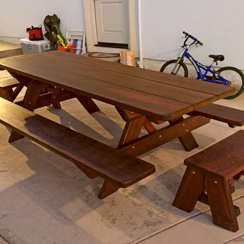 Heritage Picnic Table (Options: 8' L, 34 1/2" W, Side & End Benches, Attached Benches, Standard Tabletop, Rounded Corners, Standard Leg Flair, No Umbrella Hole, Coffee-Stain Premium Sealant). Heritage Picnic Table (Options: 8' L, 34 1/2" W, Side & End Benches, Attached Benches, Standard Tabletop, Rounded Corners, Standard Leg Flair, No Umbrella Hole, Coffee-Stain Premium Sealant).