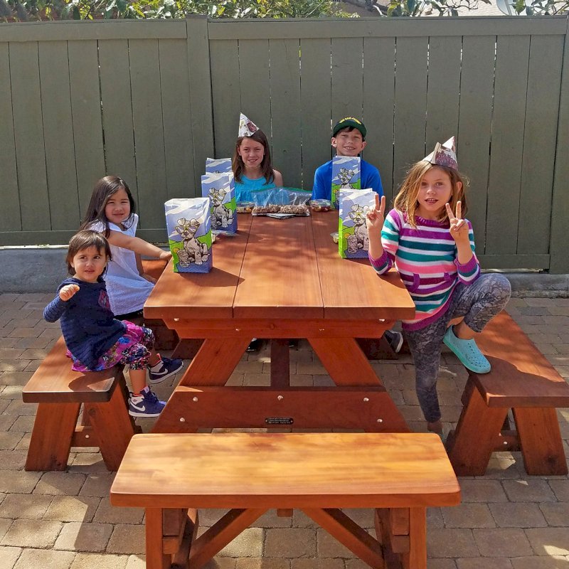 Heritage Picnic Table (Options: 5' L, 34 1/2" W, Side Benches, Unattached Benches, 1 Full Length Side Bench/Side, Forever Style Benches, Standard Tabletop, Slightly Rounded Corners, Standard Leg Flair, No Umbrella Hole, Transparent Premium Sealant). Photo Courtesy of karen phillips of San Diego, California. Heritage Picnic Table (Options: 5' L, 34 1/2" W, Side Benches, Unattached Benches, 1 Full Length Side Bench/Side, Forever Style Benches, Standard Tabletop, Slightly Rounded Corners, Standard Leg Flair, No Umbrella Hole, Transparent Premium Sealant). Photo Courtesy of karen phillips of San Diego, California.