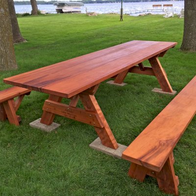 Heritage Large Wooden Picnic Table (Options: 10' L, 34 1/2" W, Side Benches, Unattached Benches, 1 Full Length Side Bench/Side, Standard Tabletop, Squared Corners, No Umbrella Hole, Transparent Premium Sealant). Engraving by Custom Request. Photo Courtesy of A. Perdue of Stoughton, WI.