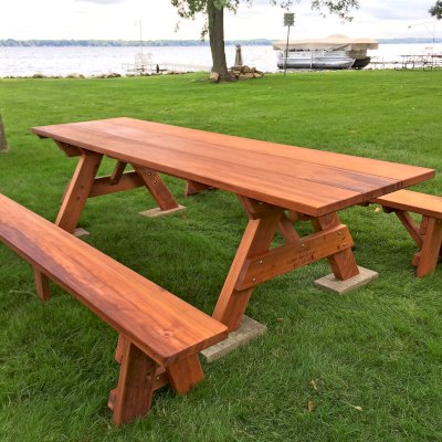 Heritage Large Wooden Picnic Table (Options: 10' L, 34 1/2" W, Side Benches, Unattached Benches, 1 Full Length Side Bench/Side, Standard Tabletop, Squared Corners, No Umbrella Hole, Transparent Premium Sealant). Engraving by Custom Request. Photo Courtesy of A. Perdue of Stoughton, WI.