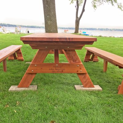 Heritage Large Wooden Picnic Table (Options: 10' L, 34 1/2" W, Side Benches, Unattached Benches, 1 Full Length Side Bench/Side, Standard Tabletop, Squared Corners, No Umbrella Hole, Transparent Premium Sealant). Engraving by Custom Request. Photo Courtesy of A. Perdue of Stoughton, WI.