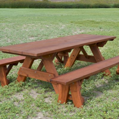 Heritage Large Wooden Picnic Table (Options: 8' L, 34 1/2" W, Side Benches, Unattached Benches, 1 Full Length Side Bench/Side, Forever Style Benches, Standard Tabletop, Slightly Rounded Corners, Standard Leg Flair, No Umbrella Hole, Transparent Premium Sealant).