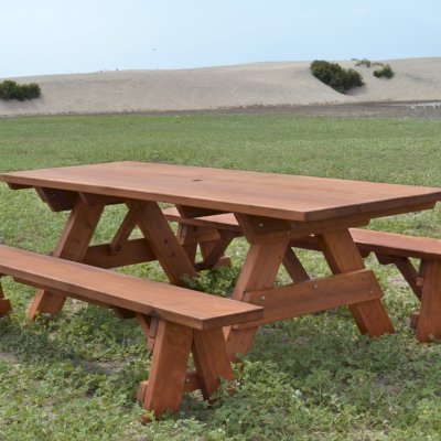 Heritage Large Wooden Picnic Table (Options: 8' L, 34 1/2" W, Side Benches, Unattached Benches, 1 Full Length Side Bench/Side, Forever Style Benches, Standard Tabletop, Slightly Rounded Corners, Standard Leg Flair, No Umbrella Hole, Transparent Premium Sealant).