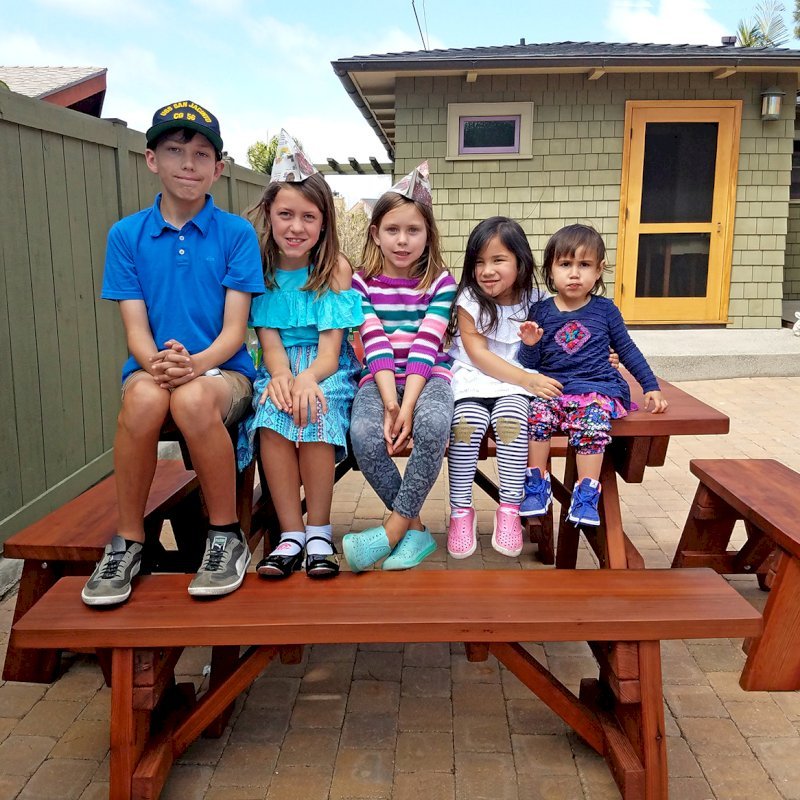 Heritage Picnic Table (Options: 5' L, 34 1/2" W, Side Benches, Unattached Benches, 1 Full Length Side Bench/Side, Forever Style Benches, Standard Tabletop, Slightly Rounded Corners, Standard Leg Flair, No Umbrella Hole, Transparent Premium Sealant). Photo Courtesy of karen phillips of San Diego, California. Heritage Picnic Table (Options: 5' L, 34 1/2" W, Side Benches, Unattached Benches, 1 Full Length Side Bench/Side, Forever Style Benches, Standard Tabletop, Slightly Rounded Corners, Standard Leg Flair, No Umbrella Hole, Transparent Premium Sealant). Photo Courtesy of karen phillips of San Diego, California.
