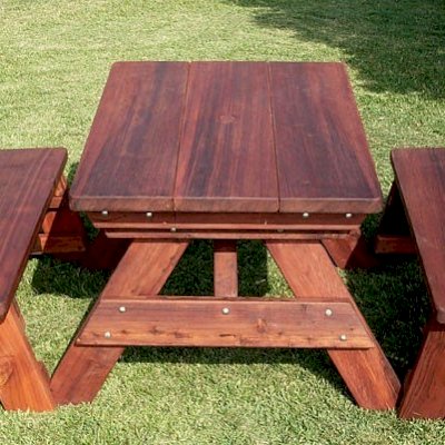 Heritage Large Wooden Picnic Table (Options: 4' L, 34 1/2" W, Side Benches, Unattached Benches, 1 Full Length Side Bench/Side, Forever Style Benches, Standard Tabletop, Rounded Corners, Standard Leg Flair, No Umbrella Hole, Transparent Premium Sealant).