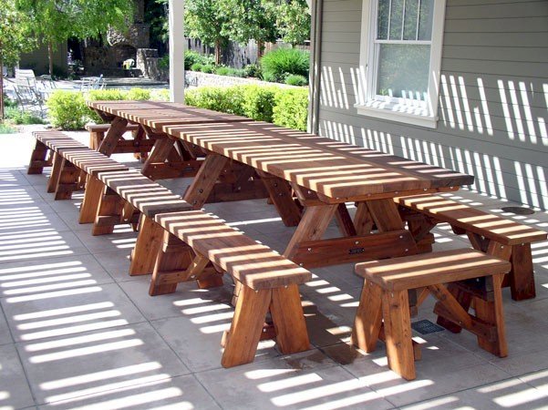 Heritage Picnic Tables (Options: 8' L, 34 1/2" W, Side & End Benches, Unattached Benches, 2 Half Length Side Benches/Side, Forever Style Benches, Seamless Tabletop, Squared Corners, Standard Leg Flair, No Umbrella Hole, Transparent Premium Sealant). Heritage Picnic Tables (Options: 8' L, 34 1/2" W, Side & End Benches, Unattached Benches, 2 Half Length Side Benches/Side, Forever Style Benches, Seamless Tabletop, Squared Corners, Standard Leg Flair, No Umbrella Hole, Transparent Premium Sealant).