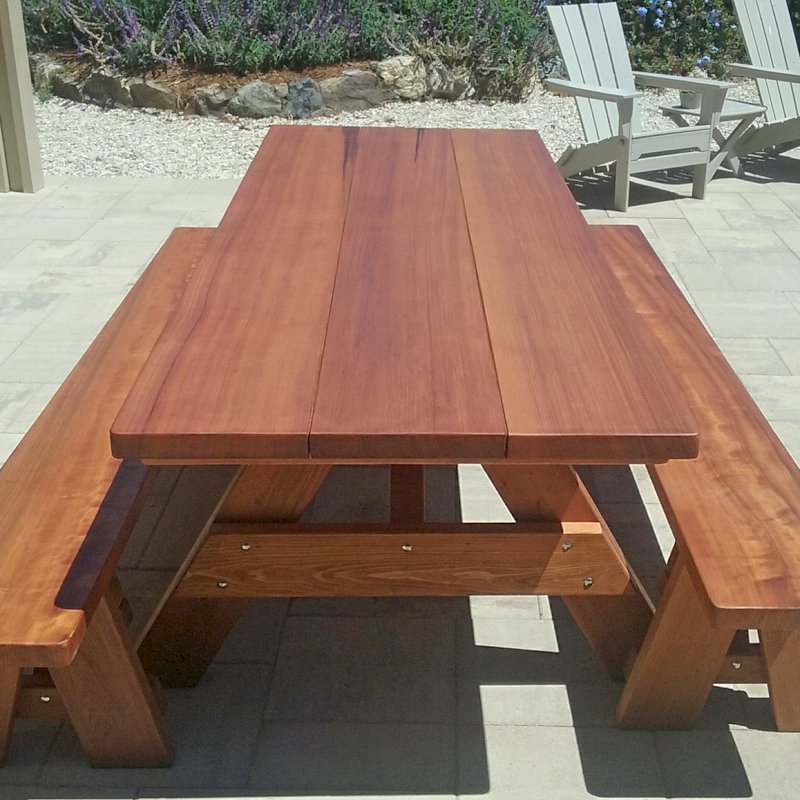 Heritage Picnic Table (Options: 8' L, 34 1/2" W, Side Benches, Unattached Benches, 1 Full Length Side Bench/Side, Forever Style Benches, Standard Tabletop, Slightly Rounded Corners, Standard Leg Flair, No Umbrella Hole, Transparent Premium Sealant). Photo Courtesy of T.Jacobi of San Luis Obispo, CA. Heritage Picnic Table (Options: 8' L, 34 1/2" W, Side Benches, Unattached Benches, 1 Full Length Side Bench/Side, Forever Style Benches, Standard Tabletop, Slightly Rounded Corners, Standard Leg Flair, No Umbrella Hole, Transparent Premium Sealant). Photo Courtesy of T.Jacobi of San Luis Obispo, CA.