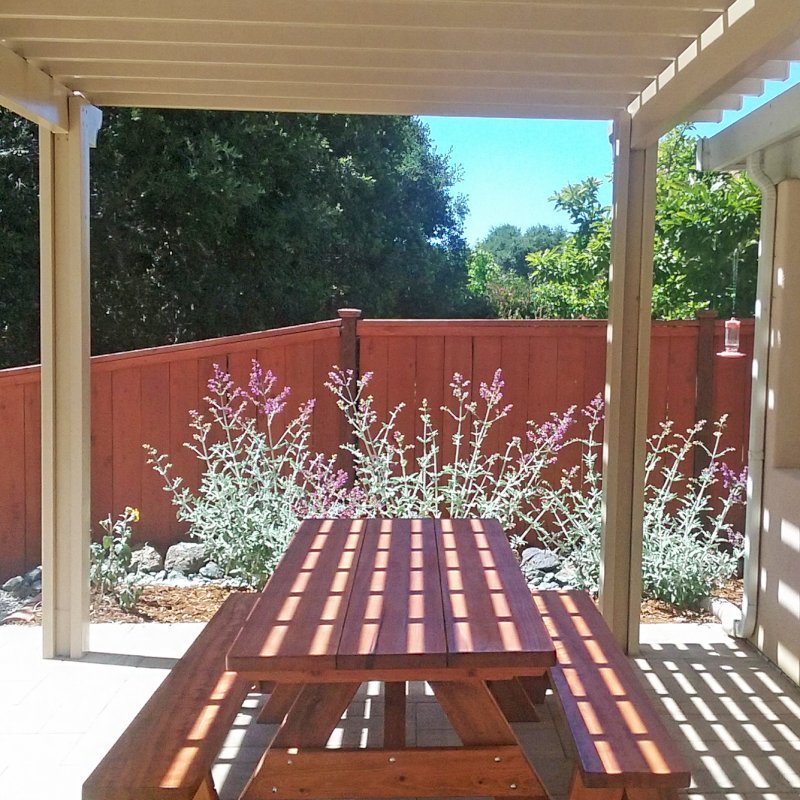 Heritage Picnic Table (Options: 8' L, 34 1/2" W, Side Benches, Unattached Benches, 1 Full Length Side Bench/Side, Forever Style Benches, Standard Tabletop, Slightly Rounded Corners, Standard Leg Flair, No Umbrella Hole, Transparent Premium Sealant). Photo Courtesy of T.Jacobi of San Luis Obispo, CA. Heritage Picnic Table (Options: 8' L, 34 1/2" W, Side Benches, Unattached Benches, 1 Full Length Side Bench/Side, Forever Style Benches, Standard Tabletop, Slightly Rounded Corners, Standard Leg Flair, No Umbrella Hole, Transparent Premium Sealant). Photo Courtesy of T.Jacobi of San Luis Obispo, CA.