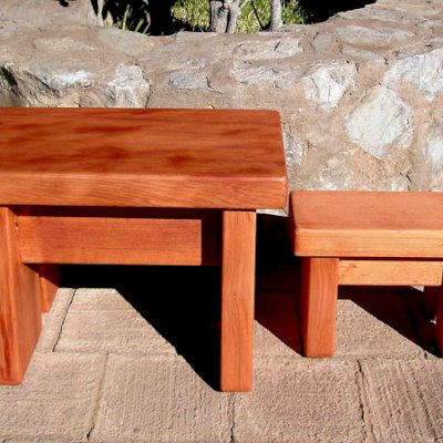 Comparison of Heritage (left) and Mini Foot Stools (right). Mini: (Options: Mature Redwood, 7" H, No Engraving, Transparent Premium Sealant. Heritage Wooden Foot Stool: (Options: Old-Growth Redwood, 13" H, No Engraving, Transparent Premium Sealant)