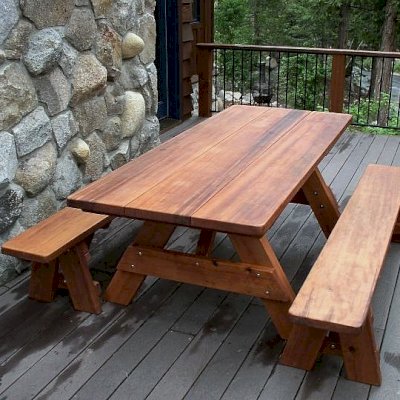 2 Heritage Wooden Picnic Bench (Options: 7 ft, 17 1/2" H, Forever Style Benches, Rounded Corners, No Engraving, Transparent Premium Sealant) with a 7 ft Heritage Picnic Table
