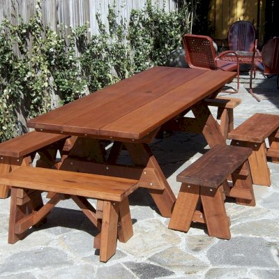6 Heritage Wooden Picnic Bench (Options: 3 ft, 17 1/2" H, Forever Style Benches, Squared Corners, No Engraving, Transparent Premium Sealant) with a 8 ft Heritage Picnic Table.