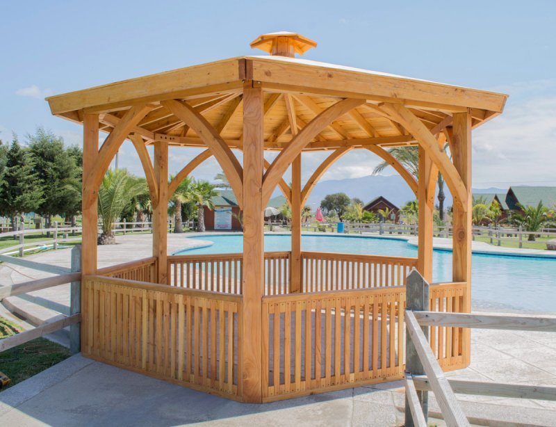 Hexagonal Park Pavilion (Options: 14 ft Diameter, No Deck, Douglas-fir, 8 ft H, Transparent Premium Sealant). Hexagonal Park Pavilion (Options: 14 ft Diameter, No Deck, Douglas-fir, 8 ft H, Transparent Premium Sealant).