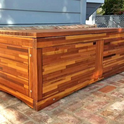 Holbrook Storage Bench (Options: 60" L x 20" W x 24" H, Mosaic Redwood, No Cushion, No Engraving, Transparent Premium Sealant). Photo Courtesy of C. Barty of Windsor, CA.