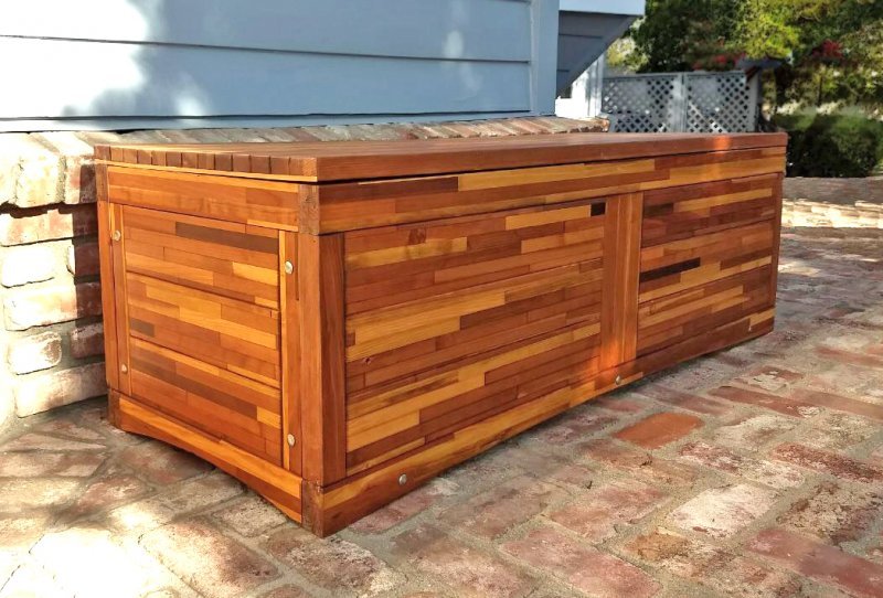 Holbrook Storage Bench (Options: 60" L x 20" W x 24" H, Mosaic Eco-Wood, No Cushion, No Engraving, Transparent Premium Sealant). Photo Courtesy of C. Barty of Windsor, CA. Holbrook Storage Bench (Options: 60" L x 20" W x 24" H, Mosaic Eco-Wood, No Cushion, No Engraving, Transparent Premium Sealant). Photo Courtesy of C. Barty of Windsor, CA.