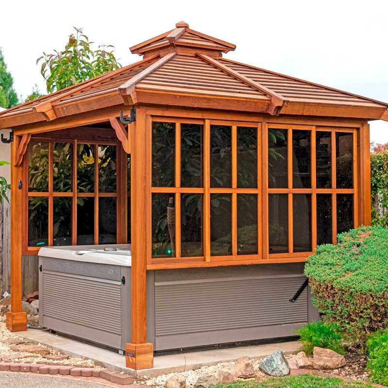 Hot Tub Enclosure Kits / Hot Tub Pavilion (Options: 9' x 9', California Redwood, Without Skylight, Sliding Windows on 3 Sides, 32" H Windows Clearance, 1 Curtain Rod, 4-Post Kit for Concrete, Transparent Premium Sealant). Photo Courtesy of A. Lin of Sunnyvale, California. Hot Tub Enclosure Kits / Hot Tub Pavilion (Options: 9' x 9', California Redwood, Without Skylight, Sliding Windows on 3 Sides, 32" H Windows Clearance, 1 Curtain Rod, 4-Post Kit for Concrete, Transparent Premium Sealant). Photo Courtesy of A. Lin of Sunnyvale, California.