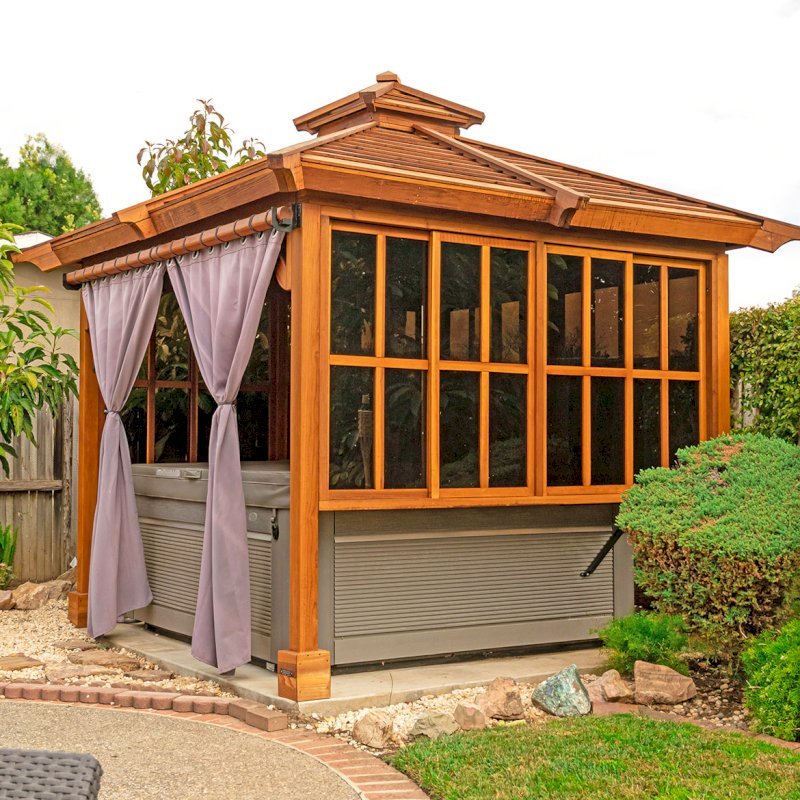 Hot Tub Enclosure Kits / Hot Tub Pavilion (Options: 9' x 9', California Redwood, Without Skylight, Sliding Windows on 3 Sides, 32" H Windows Clearance, 1 Curtain Rod, 4-Post Kit for Concrete, Transparent Premium Sealant). Photo Courtesy of A. Lin of Sunnyvale, California. Hot Tub Enclosure Kits / Hot Tub Pavilion (Options: 9' x 9', California Redwood, Without Skylight, Sliding Windows on 3 Sides, 32" H Windows Clearance, 1 Curtain Rod, 4-Post Kit for Concrete, Transparent Premium Sealant). Photo Courtesy of A. Lin of Sunnyvale, California.