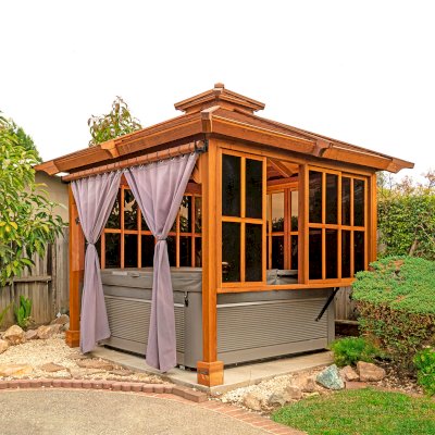 Hot Tub Enclosure Kits / Hot Tub Pavilion (Options: 9' x 9', California Redwood, Without Skylight, Sliding Windows on 3 Sides, 32" H Windows Clearance, 1 Curtain Rod, 4-Post Anchor Kit for Concrete, Transparent Premium Sealant). Photo Courtesy of A. Lin of Sunnyvale, California.