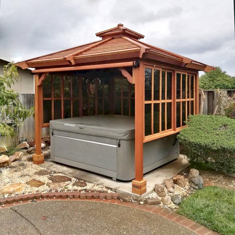Hot Tub Enclosure Kits / Hot Tub Pavilion (Options: 9' x 9', California Redwood, Without Skylight, Sliding Windows on 3 Sides, 32" H Windows Clearance, 1 Curtain Rod, 4-Post Kit for Concrete, Transparent Premium Sealant). Photo Courtesy of A. Lin of Sunnyvale, California. Hot Tub Enclosure Kits / Hot Tub Pavilion (Options: 9' x 9', California Redwood, Without Skylight, Sliding Windows on 3 Sides, 32" H Windows Clearance, 1 Curtain Rod, 4-Post Kit for Concrete, Transparent Premium Sealant). Photo Courtesy of A. Lin of Sunnyvale, California.