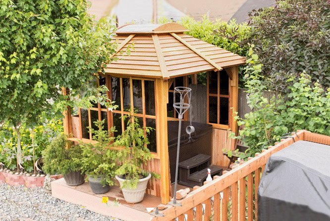 Hot Tub Enclosure Kits / Hot Tub Pavilion (Options: 8' x 8', California Redwood, Windows on 3 Sides, Transparent Premium Sealant). Photo Courtesy of Mark L. of Everett, Washington. Note: Custom wall construction per customer request. Hot Tub Enclosure Kits / Hot Tub Pavilion (Options: 8' x 8', California Redwood, Windows on 3 Sides, Transparent Premium Sealant). Photo Courtesy of Mark L. of Everett, Washington. Note: Custom wall construction per customer request.