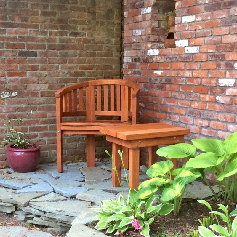 Jane's Key West Chair (Options: Mature Redwood, No Cushion, No Engraving, Transparent Premium Sealant). Photo Also Shows a Rectangular Side Table. Photo Courtesy of Tom. James T. Dewing of Orleans, Massachusetts. Jane's Key West Chair (Options: Mature Redwood, No Cushion, No Engraving, Transparent Premium Sealant). Photo Also Shows a Rectangular Side Table. Photo Courtesy of Tom. James T. Dewing of Orleans, Massachusetts.