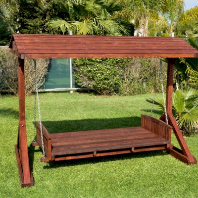 Jhoola Day Bed Swing Sets (Options: 7' L, 48" W, Include Frame with Roof, California Redwood, Add 2 Railings (North and South), Day Bed Style, No Cushion, Cherry Stain Premium Sealant). 