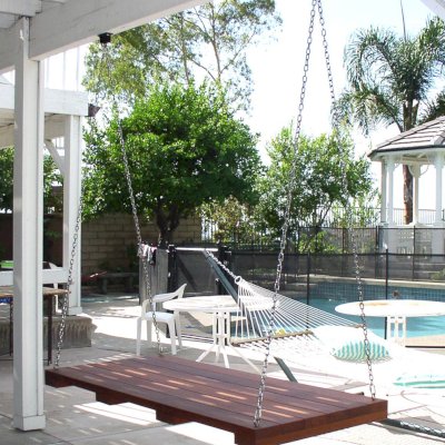 Jhoola Day Bed Swing Sets (Options: 6' L, 30" W, Seat Only, Old Growth Redwood, All Beam Hanging Hardware, No Railings, No Cushion, Transparent Premium Sealant).