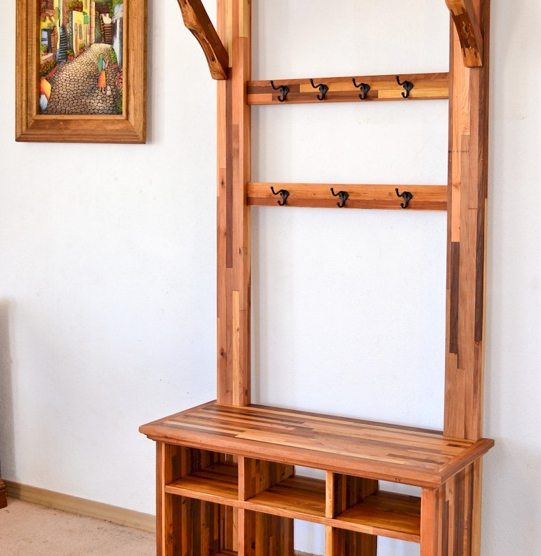 Julia's Hall Tree (Options: Mosaic Eco-Wood, Black Hooks, 1 Row Shoes, 1 Row Boots, Transparent Premium Sealant). Julia's Hall Tree (Options: Mosaic Eco-Wood, Black Hooks, 1 Row Shoes, 1 Row Boots, Transparent Premium Sealant).