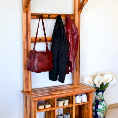 Julia's Hall Trees (Options: Mosaic Redwood, Black Hooks, 1 Row Shoes, 1 Row Boots, Transparent Premium Sealant). 
