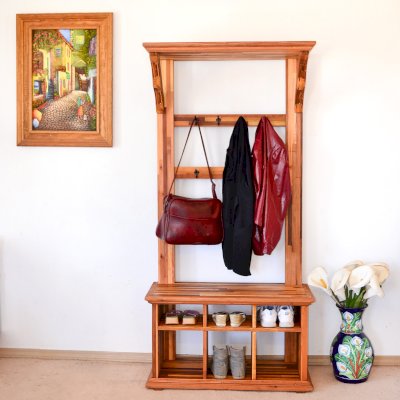 Julia's Hall Trees (Options: Mosaic Redwood, Black Hooks, 1 Row Shoes, 1 Row Boots, Transparent Premium Sealant). 