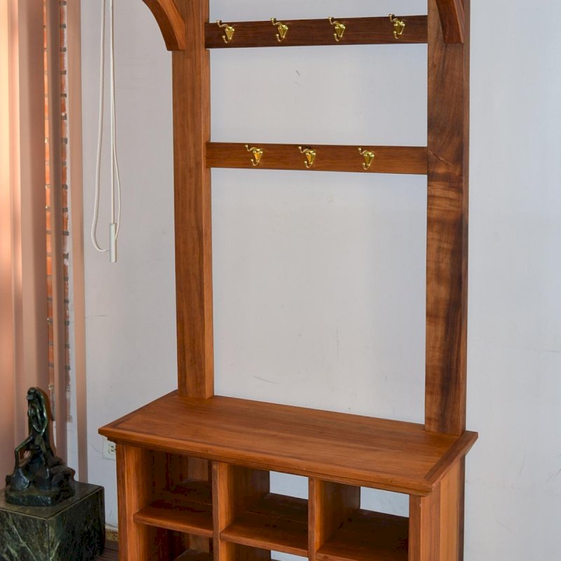 Julia's Hall Tree (Options: Old-Growth Redwood, Golden Hooks, 2 Rows Shoes Only, Transparent Premium Sealant). Custom Design. Julia's Hall Tree (Options: Old-Growth Redwood, Golden Hooks, 2 Rows Shoes Only, Transparent Premium Sealant). Custom Design.